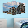 Five connected panels show traditional Japanese architecture and shogun-era artifacts in warm earth tones and deep blacks