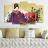 A traditional geisha portrait split across five vertical panels