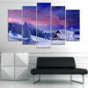 A five-piece canvas set showing a winter forest scene with snow-covered mountains