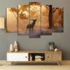 Five connected panels show deer in an autumn forest