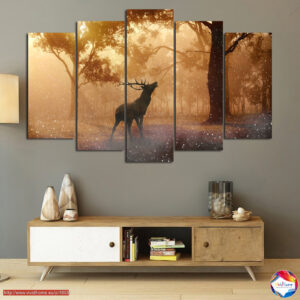 Rudens mežs ar briežiem — 5 panēļu audekla prints