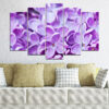 Five connected panels show blooming lilac branches with clusters of purple flowers against soft green foliage