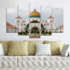 Five connected panels show the Straits Mosque in Malacca during golden hour