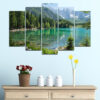 Five connected panels show forested mountain slopes mirrored in calm water