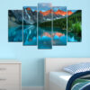 Five connected panels show a forest lake with mountain reflections
