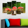 This five-piece canvas set shows wild mushrooms on a forest floor, surrounded by moss, bark, and damp earth