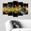 Five connected panels show an abstract music composition with instrument silhouettes, sheet music fragments