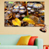 This canvas shows wild mushrooms growing among fallen autumn leaves and moss on the forest floor