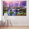 A cascading waterfall flows through rocky terrain in shades of violet, purple, and deep blue