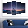 This five-piece canvas set shows a mountain range beneath a star-filled night sky