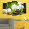 Five connected panels show white orchid blooms and smooth black stones balanced over still water