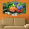 Five-panel canvas print featuring tropical parrots in vivid red, blue, yellow, and green plumage
