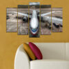 This five-piece canvas set shows an aircraft in flight above a layered cloudscape during golden hour