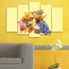 Five-panel canvas set featuring Winnie the Pooh in warm honey yellows, forest greens, and soft sky blues