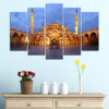 Five connected panels show the Blue Mosque at twilight, its minarets and domes lit against a deepening blue sky