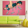 Five connected panels show a piggy bank rendered in pop art style with bold outlines and retro cartoon colors