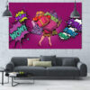Five-panel canvas set showing a retro fashion illustration in pop art style