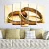 Five interlocked wedding rings rendered in gold and silver tones, split across five vertical panels