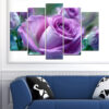 This five-piece canvas shows a bouquet of roses in soft pink and cream tones, with layered petals and natural texture