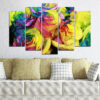 A bouquet of roses in full bloom spreads across five panels