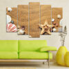 This five-piece canvas shows beach sand scattered with seashells in warm beige and cream tones