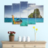 This five-piece canvas shows a tropical beach with turquoise water, white sand, and palm trees under a golden sunset sky