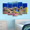 Five connected panels show an underwater scene with marine life in shades of blue, turquoise, and green