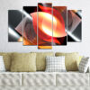 This five-piece canvas set shows flowing abstract forms in warm flame tones: orange, red, gold, and amber against a dark background