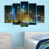 Five connected panels show a night cityscape with tall buildings lit from within