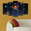 A five-panel canvas print showing the Milky Way galaxy with swirling spiral arms in deep blues, purples, and bright white star clusters