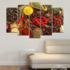 This five-piece canvas set shows red peppers and culinary spices arranged across connected panels