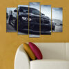 A high-performance sports car captured across five connected panels