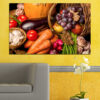 This canvas shows autumn vegetables, pumpkins, and fresh herbs arranged on weathered wood planks