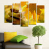 This five-piece canvas shows smooth stones arranged with a single autumn leaf and reflections of bare trees in still water