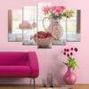 This five-panel canvas set shows fresh strawberries, pink blossoms, and decorated cupcakes arranged on a rustic wood surface