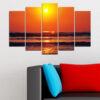 Five connected panels show a golden sun setting over calm ocean waters