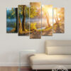 Five connected panels show a still lake bordered by trees under natural daylight