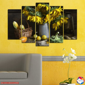 Kunstenaarstafel met Zonnebloemen 5-Delig Canvasdruk