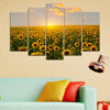 Five connected panels show rows of sunflowers stretching toward the horizon under a bright sky