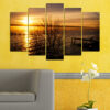 Five-panel canvas showing a golden sunset over calm water