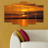 Five connected panels show a golden sun breaking through layered clouds above still water