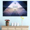 Dette canvas print viser Ethereum cryptocurrency symbol gengivet i metallisk blå og guldtoner mod en mørk baggrund