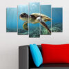 A sea turtle glides through clear turquoise water, captured across five connected panels