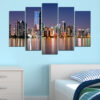 Five-panel canvas print showing Miami's waterfront skyline after dark