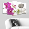 Five connected panels show white orchid blooms with green leaves reflected in still water