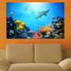 A school of fish moves through clear blue water, sunlight filtering from above
