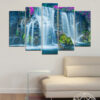A multi-tiered waterfall flows through dense green forest across five connected panels