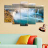 This five-piece canvas set shows a waterfall flowing over moss-covered rocks in a forest setting