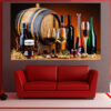 A wine bottle and glass rendered in deep burgundy, amber, and warm brown tones