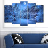 Five connected panels show a winter forest blanketed in snow under a cold night sky